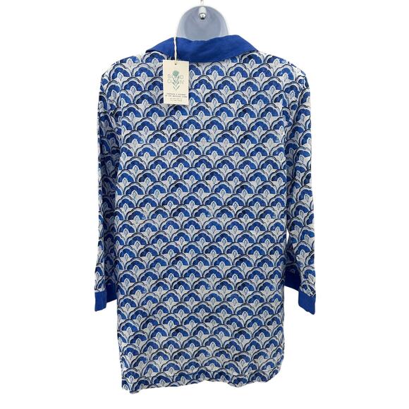 Sigrid Olsen Popover Linen Shirt Womens M Royal Blue Floral Collared 3/4 Sleeve - Picture 8 of 11